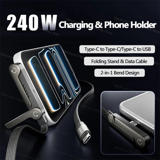 240W Folding Stand Data Cable 2-in-1 Fast Charging Phone Holder Braided Charging Cable Type-C To USB Phone Computer Universal