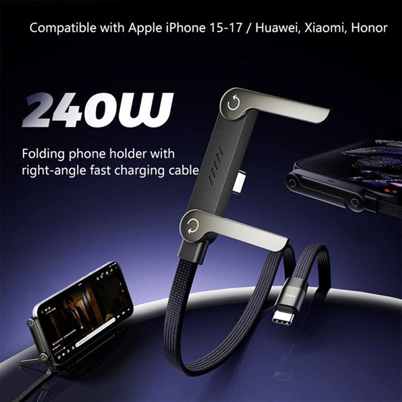 240W Folding Stand Data Cable 2-in-1 Fast Charging Phone Holder Braided Charging Cable Type-C To USB Phone Computer Universal