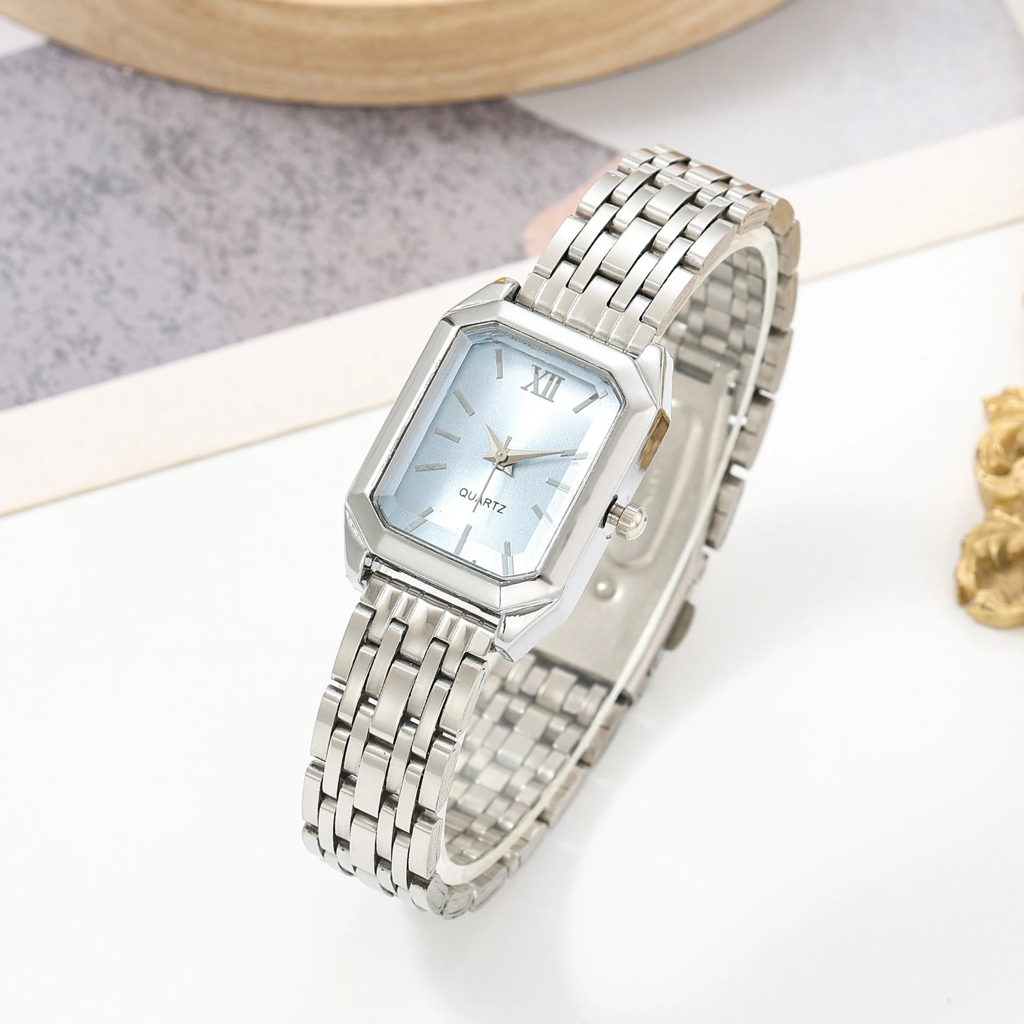 Versatile and Simple Women's Square Ins-Style Steel Band Quartz Watch, Stylish and Elegant Bracelet Watch Set