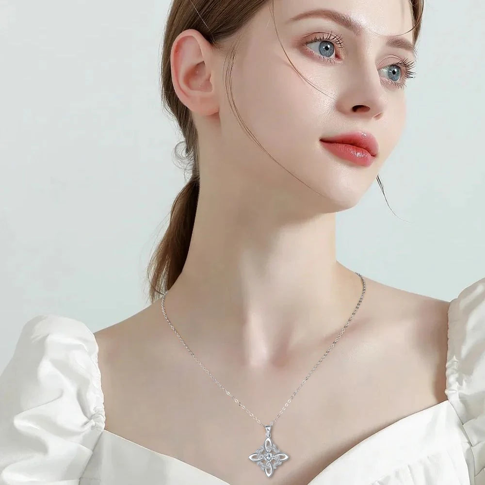 925 Thai Silver Classic Witch Knot Necklace With Zircons Trinity Knot Good Luck CZ Charm Wiccan Symbol Protection Jewelry